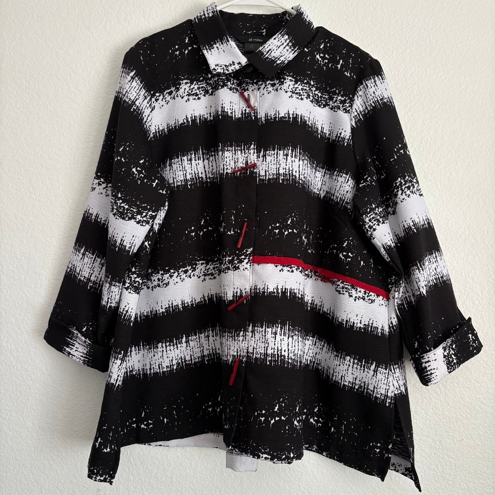 Ali Miles Art To Wear Abstract Button Front Blouse Black White 0X Whimsy